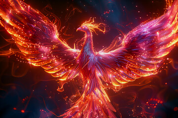 hologram of a transparent mythical phoenix glowing with ethereal radiance.