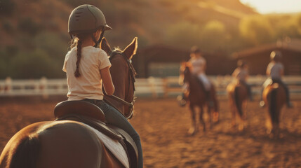 A group of riders on horseback during a lesson in an outdoor arena, illuminated by the soft glow of the setting sun