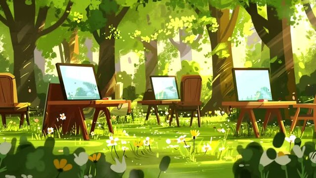 Classroom with a spring forest theme, Seamless looping 4k video background animation