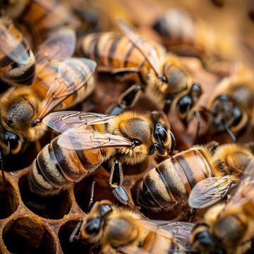 Macro shot of a marked queen bee (Apis Mellifera) with worker bees in a bustling hive, depicting the organized and thriving life inside a bee colony.