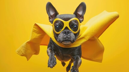 Black French Bulldog with yellow cape and glasses flying against a yellow background.