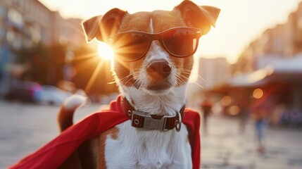 Jack Russell Terrier with sunglasses and red cape at sunset in the city. - obrazy, fototapety, plakaty