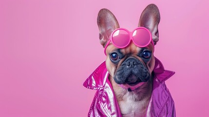 French bulldog with pink glasses and jacket on a pink background.