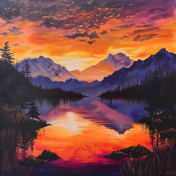 Scenic sunset over mountains with a reflective lake, showcasing the colorful and serene essence of nature.