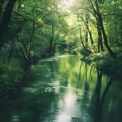 A serene river flowing through a blossoming spring forest, reflecting the vibrant greenery and renewal of spring. - obrazy, fototapety, plakaty
