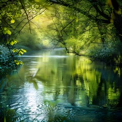 A serene river flowing through a blossoming spring forest, reflecting the vibrant greenery and renewal of spring.