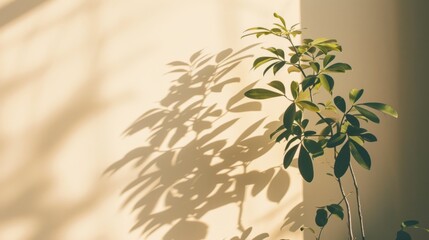 Soft sunlight casts a delicate shadow of a plant on a textured beige wall, creating a tranquil scene