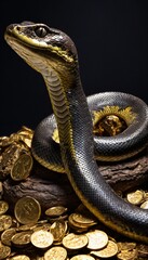 snake reptile with spots sits on treasures. Lying on a big pile of gold