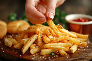 Hand grabbing crispy french fries from pile on the table, fast food - obrazy, fototapety, plakaty
