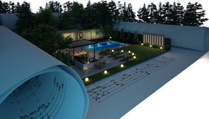 Entwurf einer modernen Resort-Architektur mit Außengastronomie unter Verwendung nachhaltiger Baumaterialien bei Nachtbeleuchtung -  3D Visualisierung - 764557993