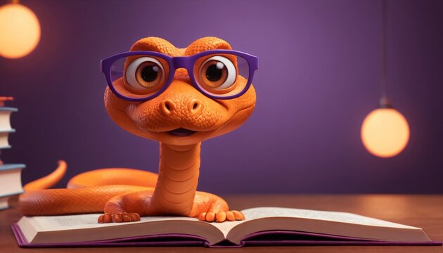 An orange snake wearing glasses reptile sits on a table with books.