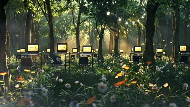 Spring forest-themed classroom setup, Seamless looping 4k video background animation