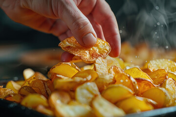 Hand grabbing crispy potatoes from pile on the table, fast food