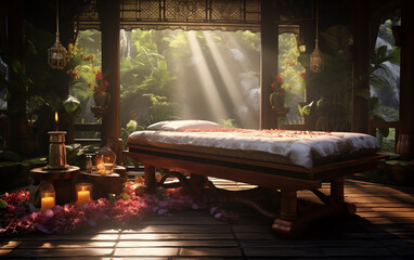 wooden massage table illuminated by the morning rays of the sun, an oriental space full of flowers and the smell of incense. - obrazy, fototapety, plakaty