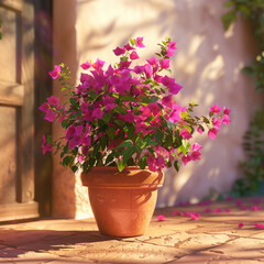 Bougainvillea plant with magenta flowers potted in a terracotta pot on a sunny patio