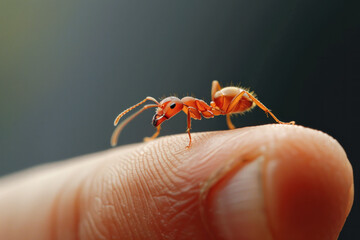 Hand holding red ant isolated on gray background