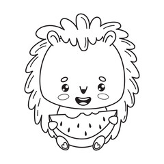 Cute hedgehog with piece watermelon. Vector illustration. Funny outline cartoon animal character. Line drawing, coloring book. Kids collection.