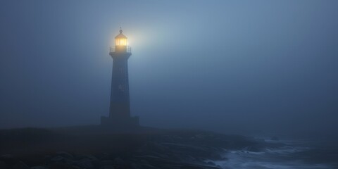 A lighthouse is lit up in the fog