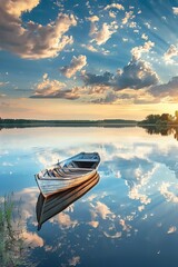 A serene reflection of the sky blending into the calm waters of the lake