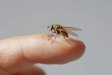 Hand holding fly isolated on gray background, animal pest unhealthy
