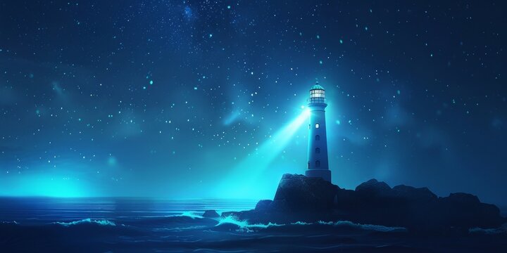 A lighthouse is lit up in the dark ocean