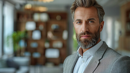 Fototapeta premium confident businessman with a beard, with a focused expression. on a blurred background