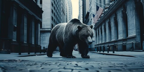 A bear is walking down a city street - obrazy, fototapety, plakaty