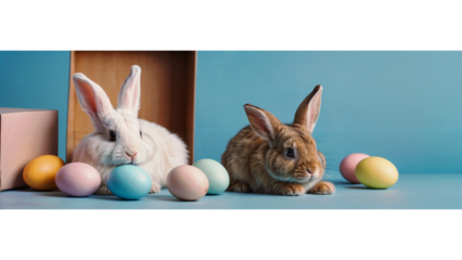 Funny easter concept holiday animal celebration greeting card - Cool cute Easter bunny, rabbit sitting in gift box with pastel Easter eggs, isolated on blue background