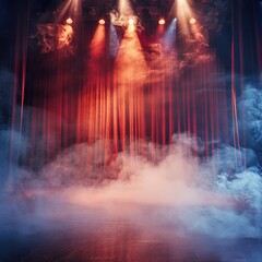 Craft an atmospheric setting of a theater stage shrouded in smoke with a single spotlight shining down on the grand red curtain and intricate backdrop details ready for an entertainment show to begin