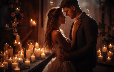 Married couple on a beautiful romantic place with candles.