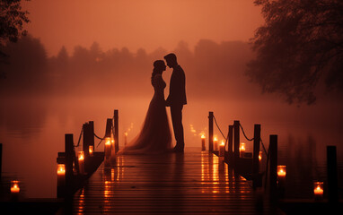 Married couple on a pier at night. - 764559112