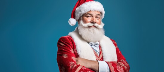 A person wearing a festive Santa outfit, a formal tie, and sporting a beard, standing against a vibrant red background