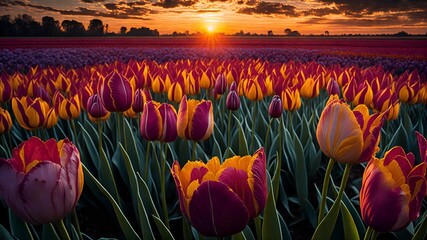 An enchanting field of tulips dances under a golden sun, their petals a dizzying kaleidoscope of hues and shapes. This striking scene, captured in a stunning photograph, showcases the vibrant beauty  - obrazy, fototapety, plakaty