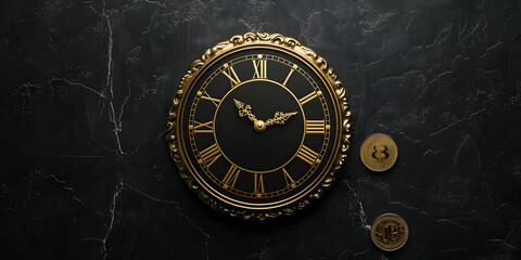 Old golden  clock on the wall with black background.