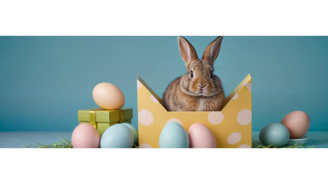 Funny easter concept holiday animal celebration greeting card - Cool cute Easter bunny, rabbit sitting in gift box with pastel Easter eggs, isolated on blue background