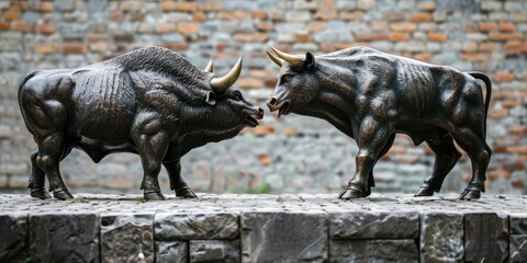 Fototapeta na wymiar Two statues of bulls are facing each other on a stone wall