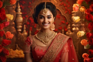 A smiling beautiful Indian woman wearing ethnic costumes and ornaments in a background filled with flowers