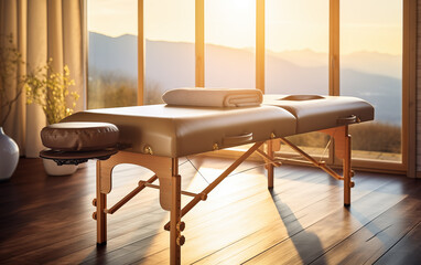 Massage table illuminated by the morning rays of the sun. - 764559912