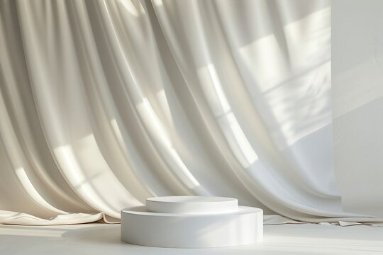 Pale white porcelain podium stand in front of a big white drape made from satin