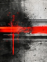 Monochrome abstract with red streaks and scratches.