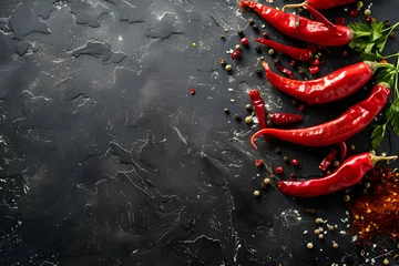 Schilderijen op glas Red hot chili pepper corns and pods on dark background, top view © W.O.W