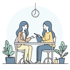 a girl meeting with her office, minimal design, outline with solid fill color, background white vector illustration line art 4