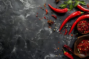 Türaufkleber Red hot chili pepper of spices and garlic on dark black slate background. Top view. Copy space. © W.O.W