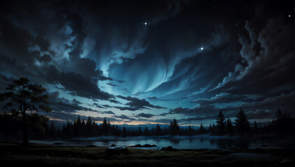 Mysterious night landscape with starry cloud and starry sky ai generated - obrazy, fototapety, plakaty