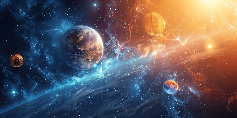 A colorful space scene with a blue planet in the middle