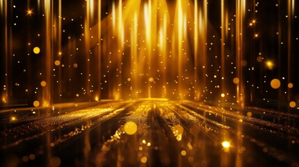 Abstract golden light rays with sparkling particles on a dark background creating a festive atmosphere.