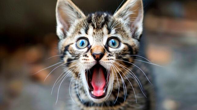 Close-up of a surprised kitten with striking blue eyes and whiskers wide open