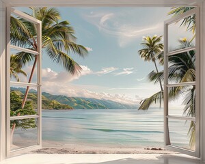 Window framing a seaside landscape with lush palms tranquil sea and horizon hills