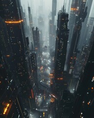 A cinematic still of a minimalist futuristic cityscape in a dystopian scifi world showcasing epic landscapes and cuttingedge architecture from a birdseye view