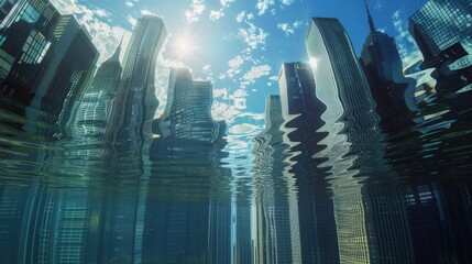 Underwater view of skyscrapers with rippled reflections, portraying a submerged cityscape with a blue sky.